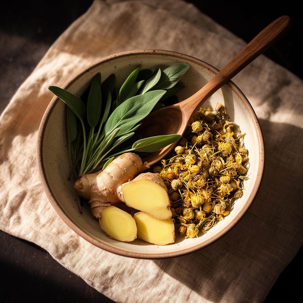 Bowl of sage, ginger, and chamomile on linen