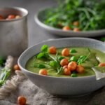Homemade pea soup with sprouts and peas puff.